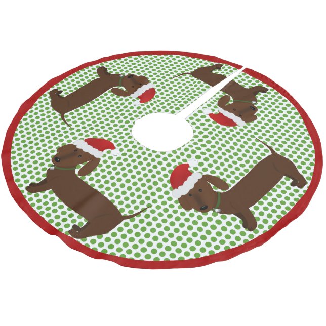 Jolly Santa Dachshunds - Brown Brushed Polyester Tree Skirt (Angled)