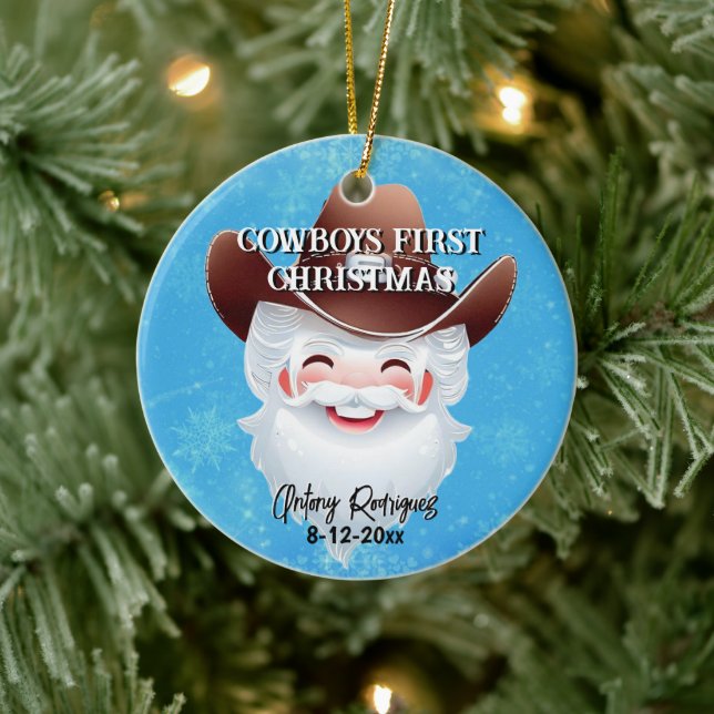 Jolly Santa in a Western Hat Babys 1st Christmas Ceramic Ornament (Tree)