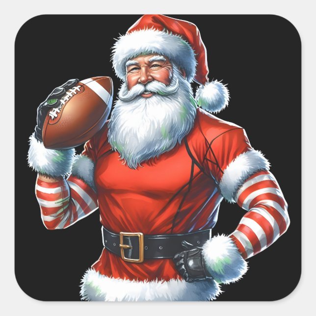 Jolly Santa With a Holiday Football Square Sticker (Front)