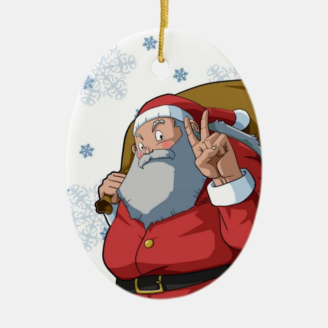 Jolly Santa with Peace Sign Merry Christmas Ceramic Ornament (Front)