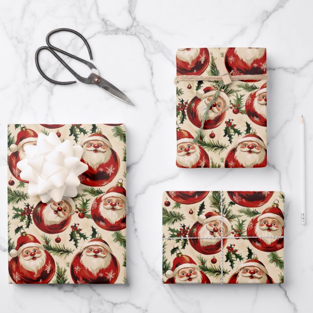 Jolly Santa's Festive Ornaments Delight Wrapping Paper Sheet (Front)