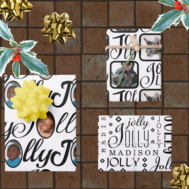 JOLLY Script Black On White 4 Photo Christmas Wrapping Paper Sheet (Creator Uploaded)