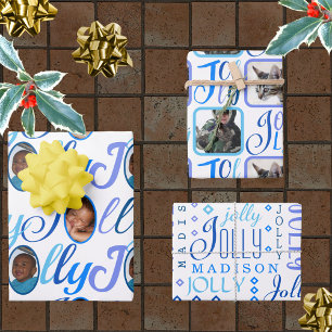 JOLLY Script Blue On White 4 Photo Christmas Wrapping Paper Sheet