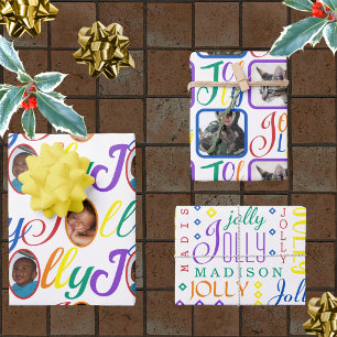 JOLLY Script Rainbow On White 4 Photo Christmas Wr Wrapping Paper Sheet