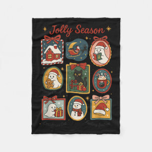 Jolly Season Ghost Cat Santa Christmas Frame Merry Fleece Blanket