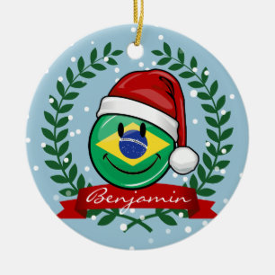 Jolly Smiling Brazilian Flag Christmas Style Ceramic Ornament