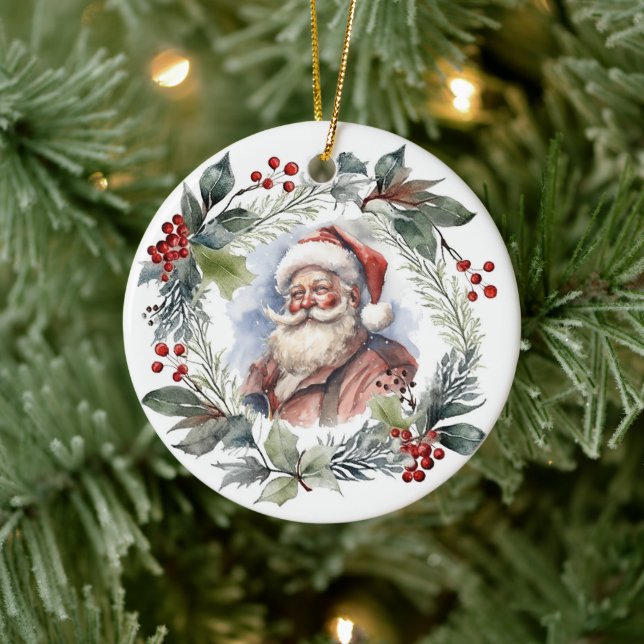 Jolly Smiling Santa Watercolor Christmas Wreath Ceramic Ornament (Tree)