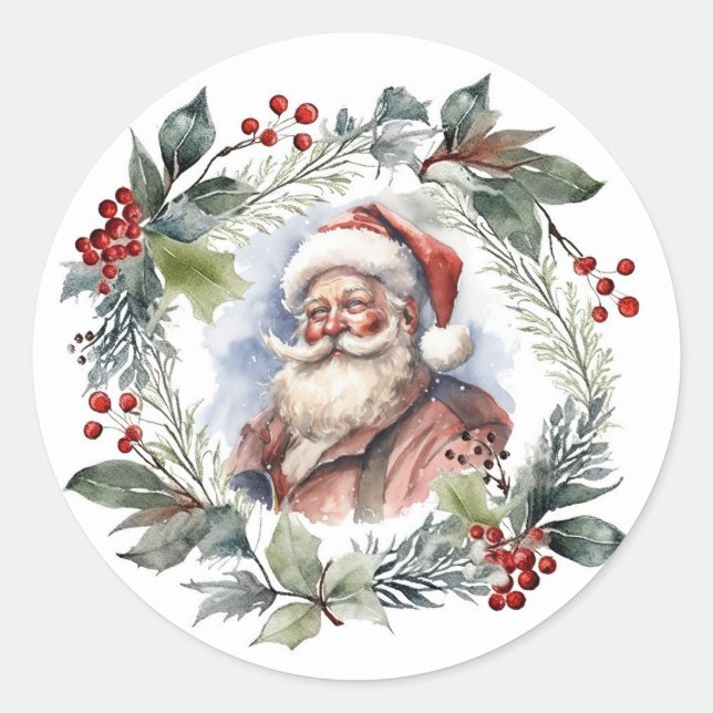 Jolly Smiling Santa Watercolor Christmas Wreath Classic Round Sticker (Front)