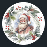 Jolly Smiling Santa Watercolor Christmas Wreath Classic Round Sticker<br><div class="desc">Nostalgic vintage-inspired portrait of smiling St. Nicholas surrounded by a festive watercolor style Christmas wreath with evergreens,  foliage and red berries.</div>