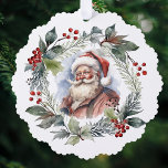 Jolly Smiling Santa Watercolor Christmas Wreath Ornament Card<br><div class="desc">Nostalgic vintage-inspired portrait of smiling St. Nicholas surrounded by a festive watercolor style Christmas wreath with evergreens,  foliage and red berries.</div>