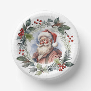 Jolly Smiling Santa Watercolor Christmas Wreath Paper Plate