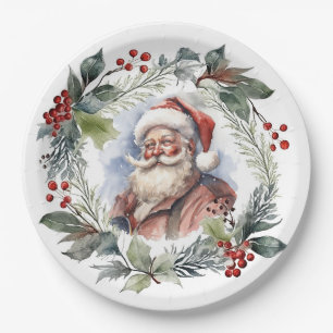 Jolly Smiling Santa Watercolor Christmas Wreath Paper Plate