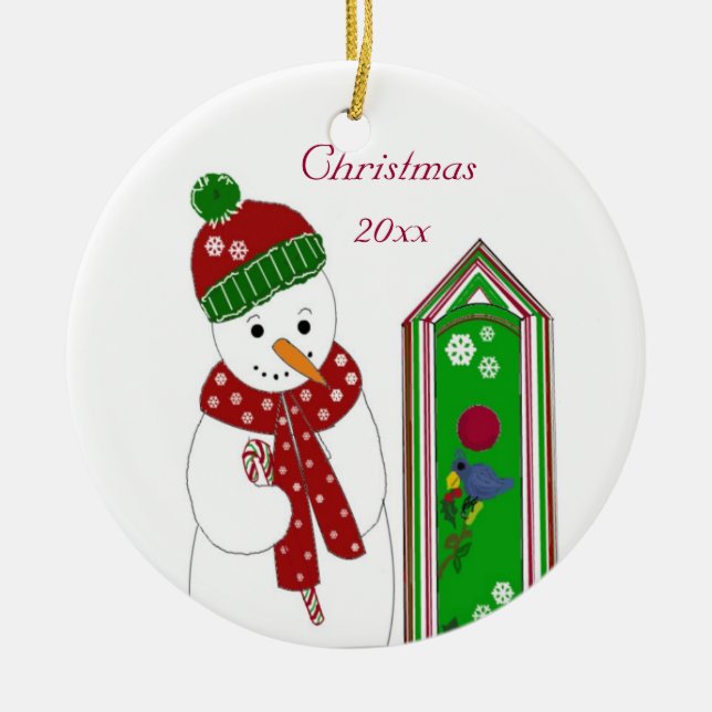 Jolly Snowman and Bird House Ceramic Ornament (Front)