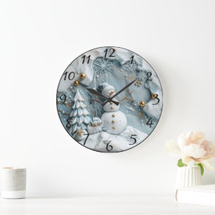 Jolly Snowman in Christmas Scene Large Clock