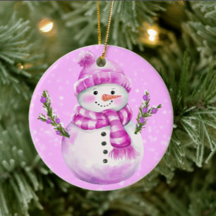 Jolly Snowman Pink Personalized Ceramic Ornament