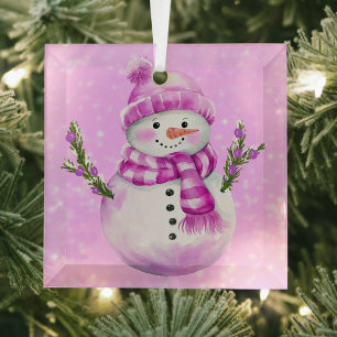 Jolly Snowman Pink Personalized Glass Ornament
