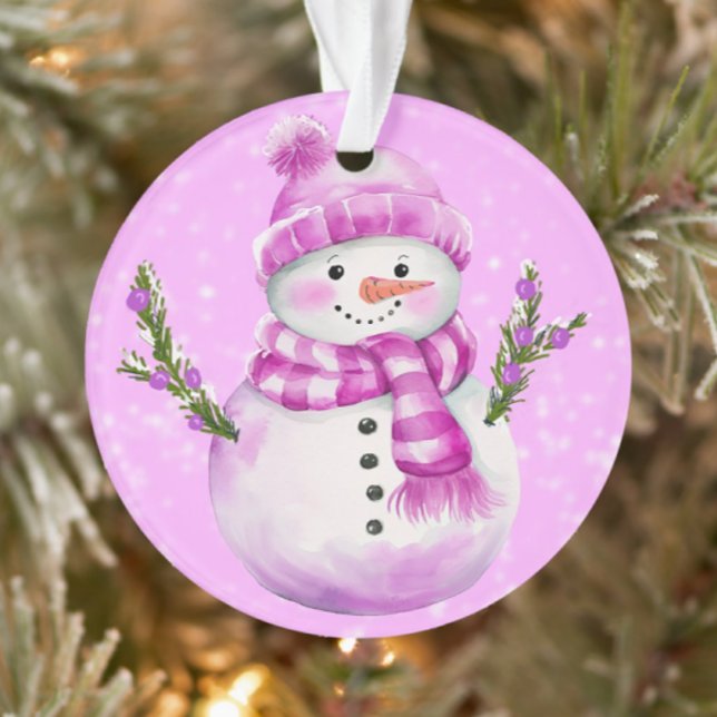 Jolly Snowman Pink Personalized Ornament (Personalize on the back!)