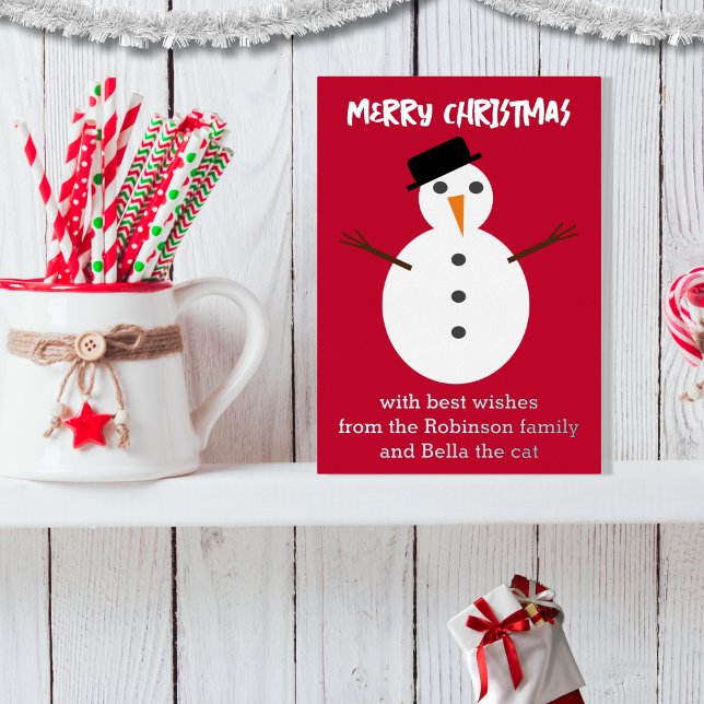 Jolly Snowman Red Cute Personalized Christmas Foil Holiday Card (A Christmas card with jolly snowman picture on a red background with foil detail)