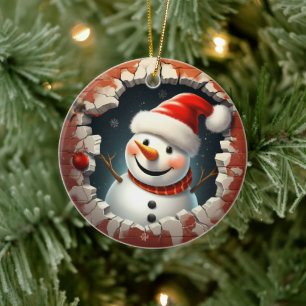 Jolly Snowman Santa Hat - 3D Ceramic Ornament