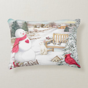 Jolly Snowman with Cardinal and Bunny Accent Pillow