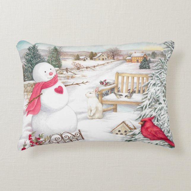 Jolly Snowman with Cardinal and Bunny Accent Pillow (Front)