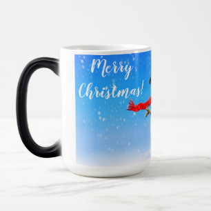 Jolly snowman with red scarf and black hat in snow magic mug