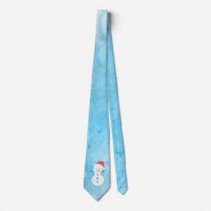 Jolly Snowman with Santa Cap on Textured Blue Tie