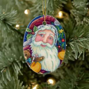 JOLLY ST NICK & TEDDYBEAR, OLD FASHIONED CHRISTMAS CERAMIC ORNAMENT