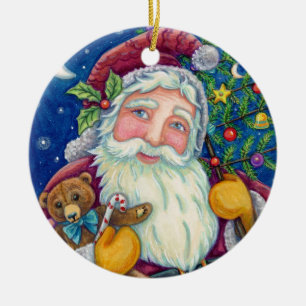 JOLLY ST NICK & TEDDYBEAR, OLD FASHIONED CHRISTMAS CERAMIC ORNAMENT