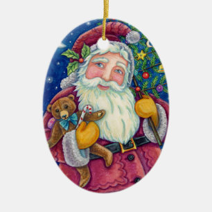 JOLLY ST NICK & TEDDYBEAR, OLD FASHIONED CHRISTMAS CERAMIC ORNAMENT