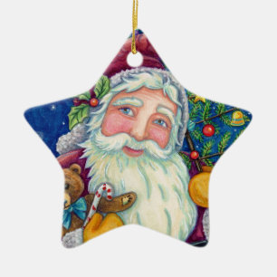 JOLLY ST NICK & TEDDYBEAR, OLD FASHIONED CHRISTMAS CERAMIC ORNAMENT