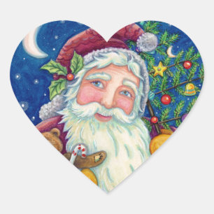 JOLLY ST NICK & TEDDYBEAR, OLD FASHIONED CHRISTMAS HEART STICKER