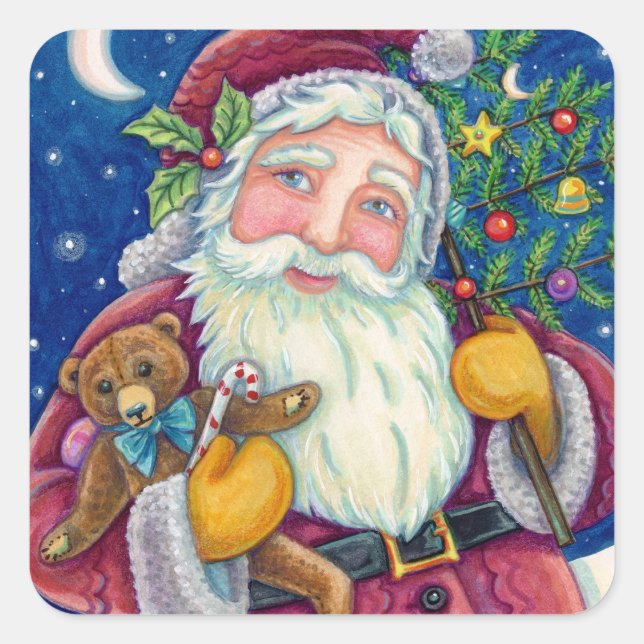 JOLLY ST NICK & TEDDYBEAR, OLD FASHIONED CHRISTMAS SQUARE STICKER (Front)