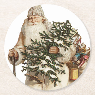 Jolly St Nick With Christmas Tree Round Paper Coaster