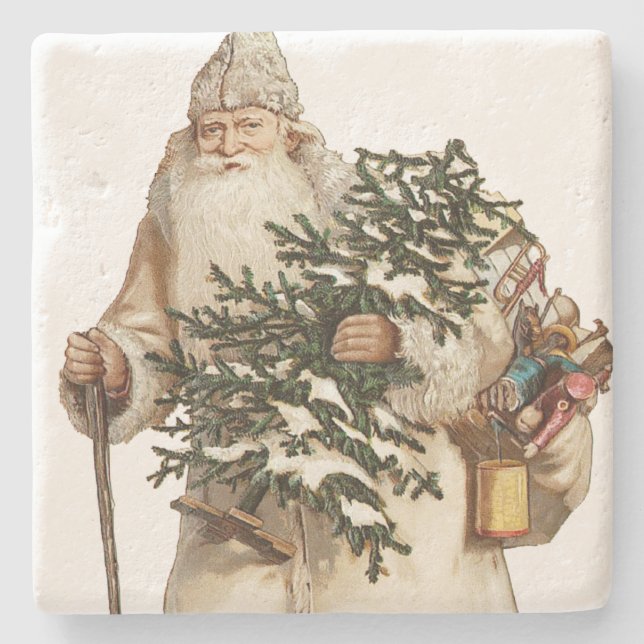 Jolly St Nick With Christmas Tree Stone Coaster (Front)