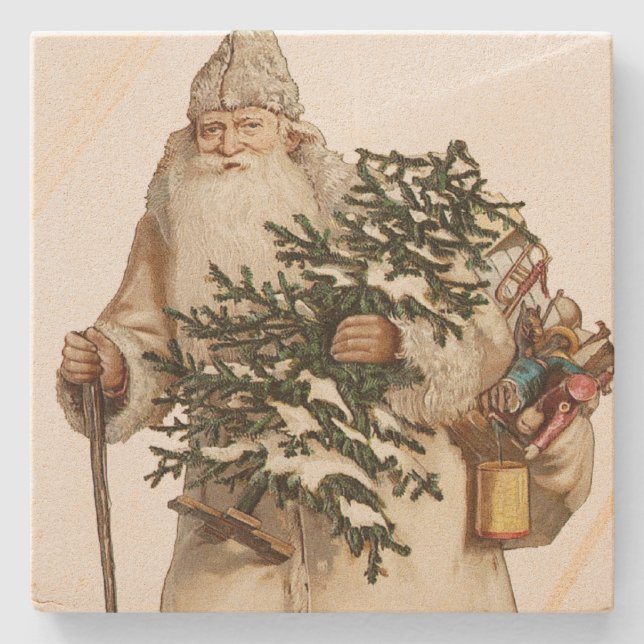 Jolly St Nick With Christmas Tree Stone Coaster (Front)