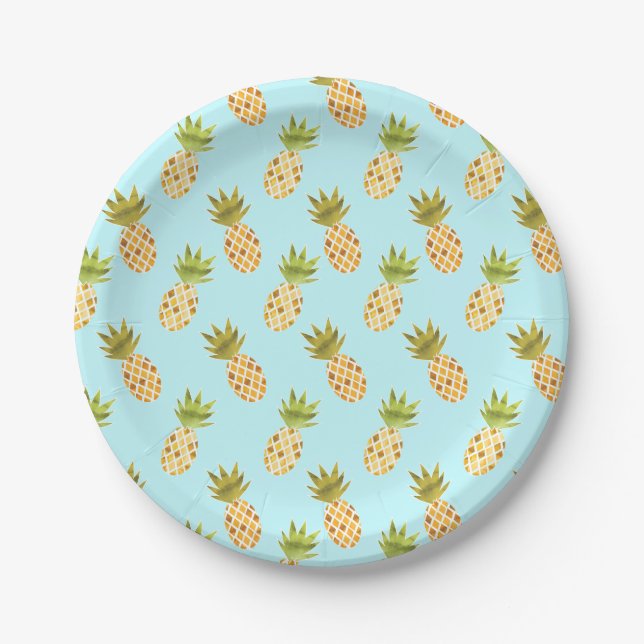 Jolly Tropical Watercolor Pineapple Pattern Paper Plate (Front)