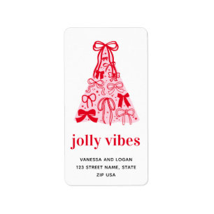 Jolly Vibes Whimsical Bow Pink Red Holiday Label