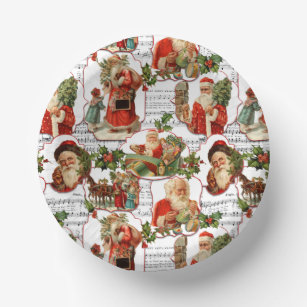 Jolly Vintage Santa, Holly & Music Collage Paper Plate