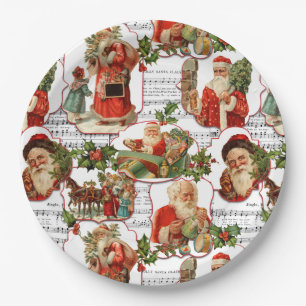 Jolly Vintage Santa, Holly & Music Collage Paper Plate