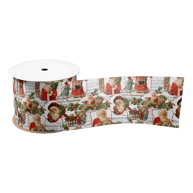 Jolly Vintage Santa, Holly & Music Collage Satin Ribbon (Spool)