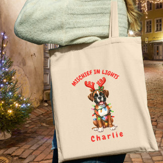 Jolly Watercolor Playful Boxer Festive Lights Dog Tote Bag
