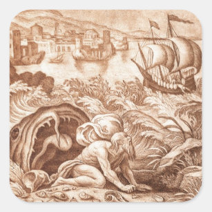Jonah and the Whale, illustration from a Bible, en Square Sticker