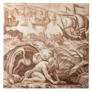 Jonah and the Whale, illustration from a Bible, en Tile