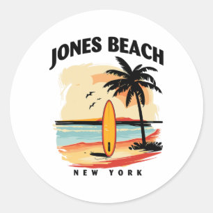 Jones Beach New York Surfboard Surfing Men Women Classic Round Sticker