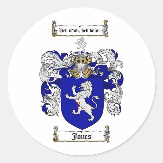 JONES FAMILY CREST -  JONES COAT OF ARMS CLASSIC ROUND STICKER (Front)
