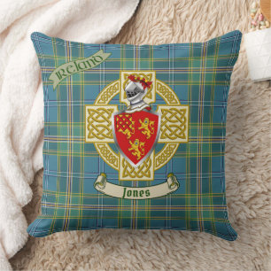Jones Shield w/Ireland Blue Tartan Personalized Throw Pillow