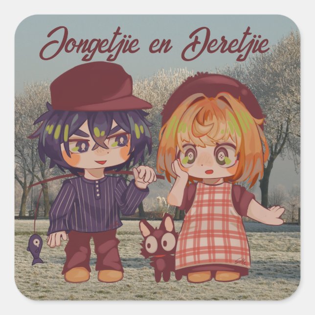 Jongetjie and Deretjie Chibi Square Sticker (Front)