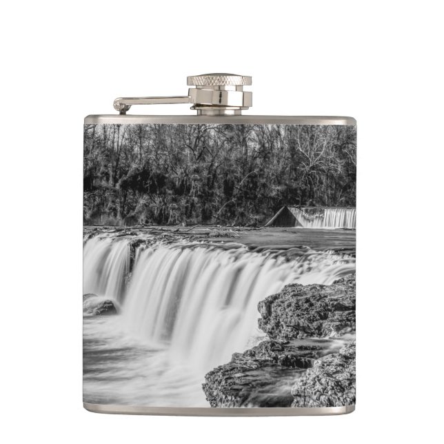 Joplin Grand Falls Overview Grayscale Hip Flask (Front)