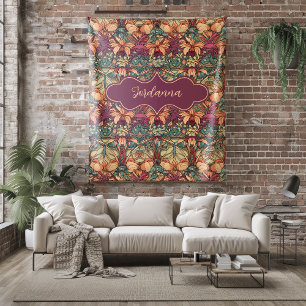 Jordanna Orange and Burgundy Floral Art Nouveau  Fleece Blanket